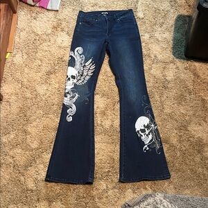 Women's NEW dark wash skull flare jeans